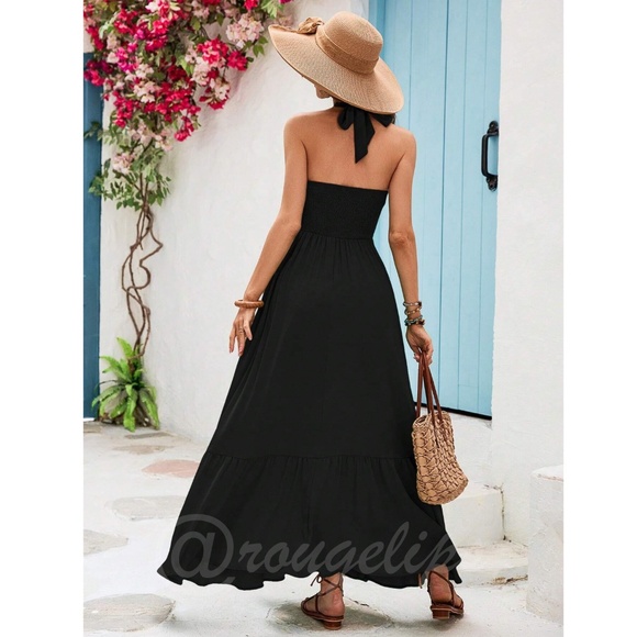 Black Maxi Dress Leg Slit Halter Neck Ties Cut Out - Picture 6 of 8